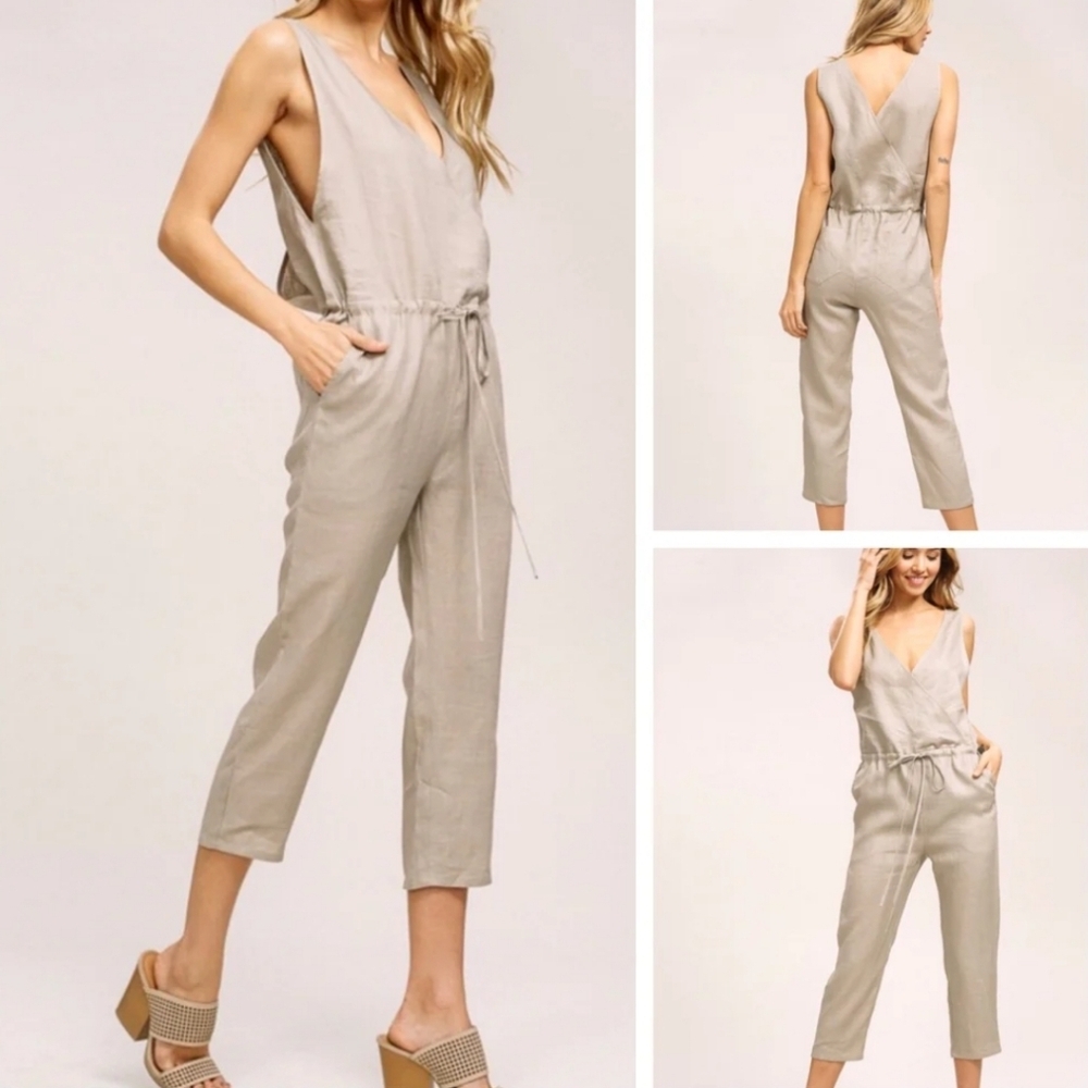 Listicle Beige Sleeveless V-Neck Cropped Jumpsuit